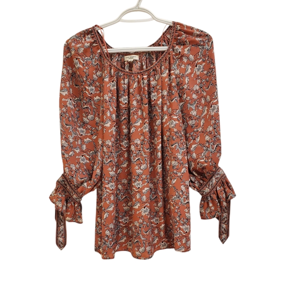 Max Studio Terracotta Floral Blouse with Tie Sleeves